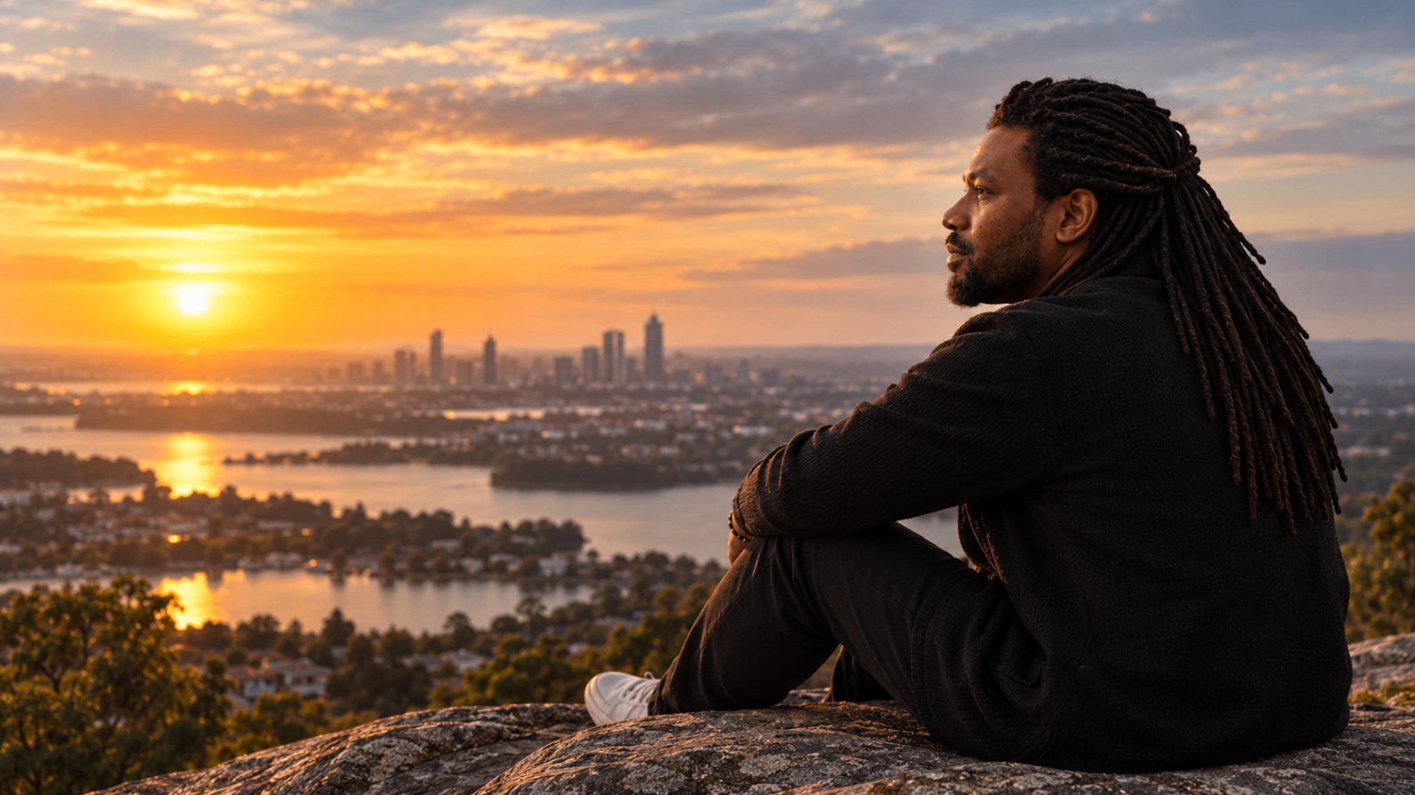 Donald Msapenda seated in profile on a hillside at sunset, looking out over a river and city skyline