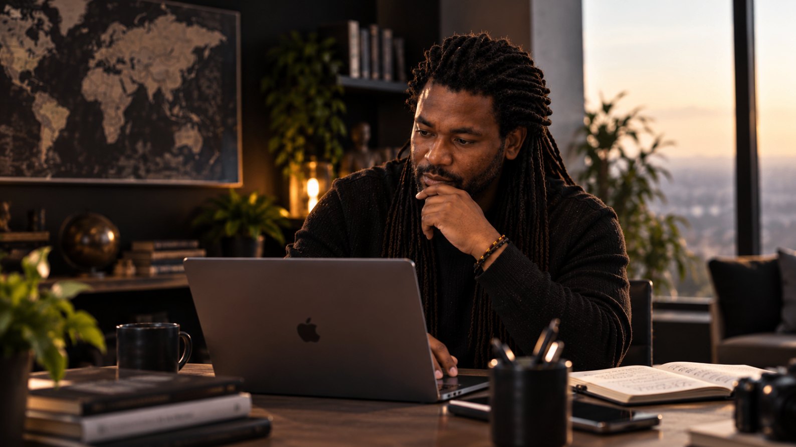 Donald Msapenda working at a laptop in a dark study beside a large world map