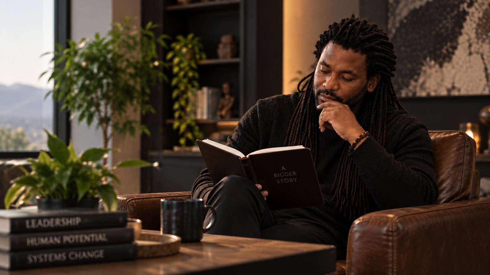 Donald Msapenda reading, notes open beside him, in soft natural light