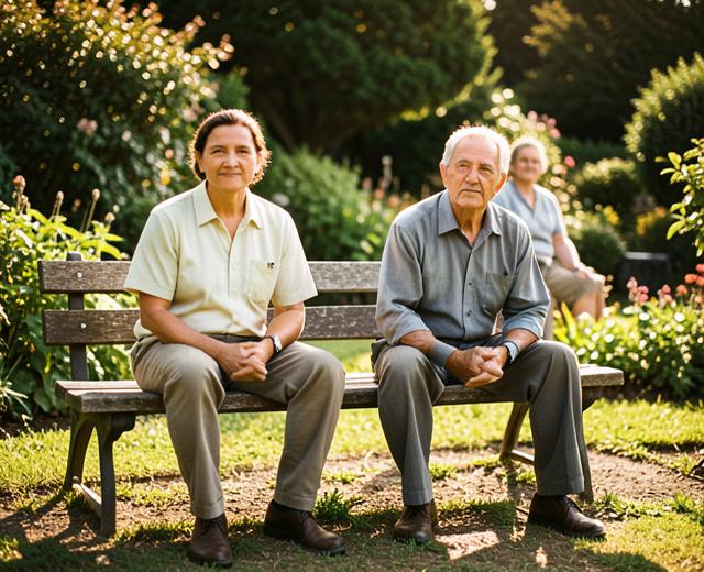 Support workers sitting with a person in a garden