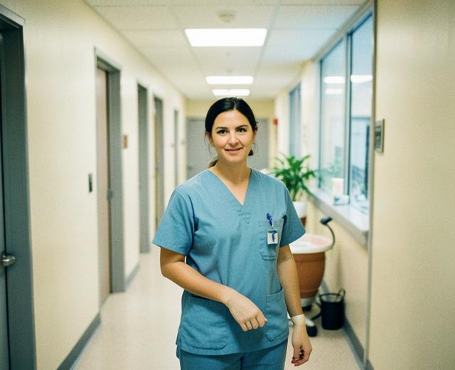 A clinician in a bright clinic corridor