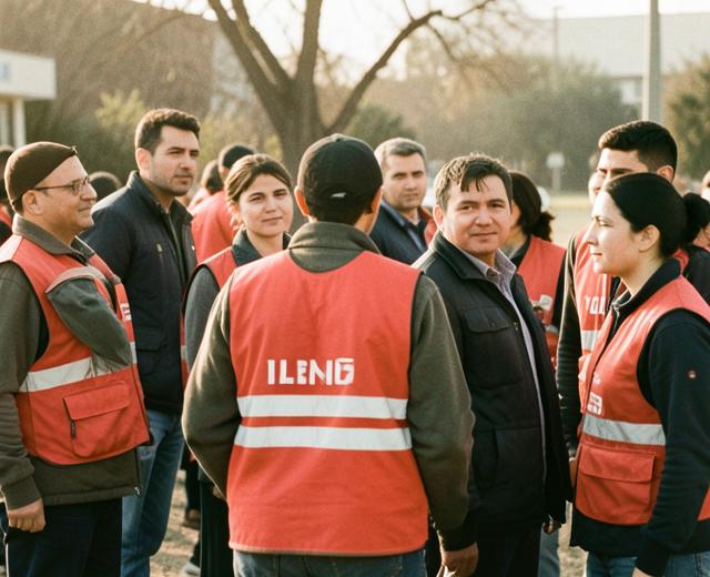 Volunteers in high-visibility vests gathered outdoors