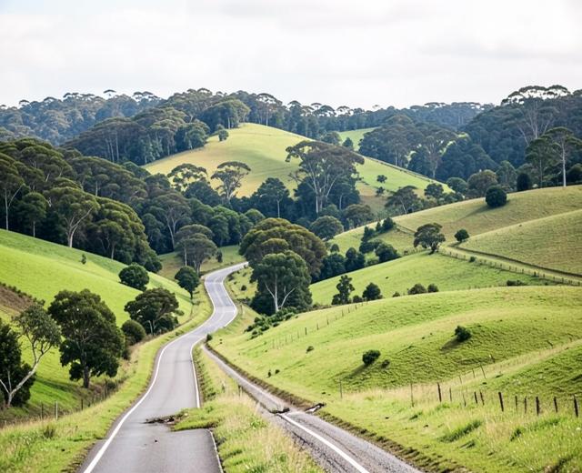 Rolling green hills and a country road