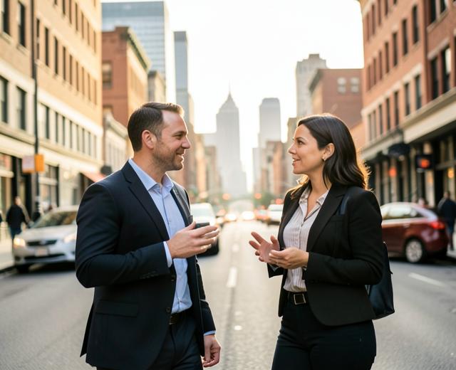 Two professionals talking on a city street