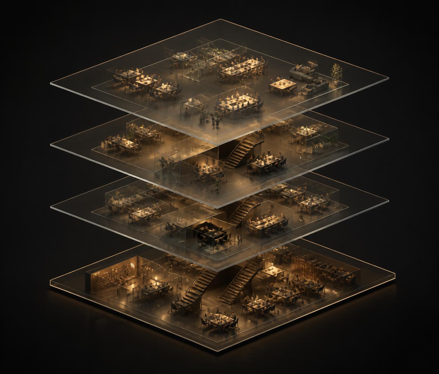 Four translucent layers of an organisation stacked above one another, each holding small groups of people