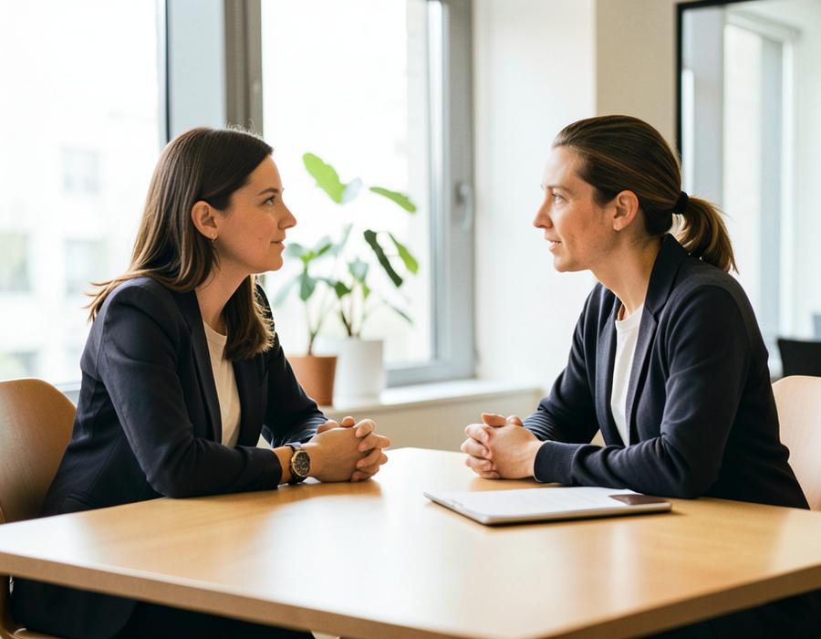 Two colleagues in conversation across a table