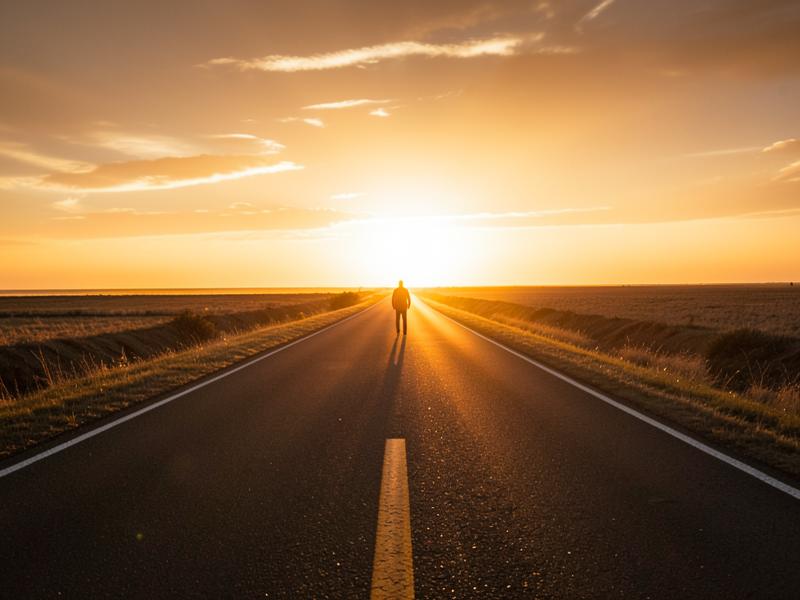 Lone figure walking a long road at sunset